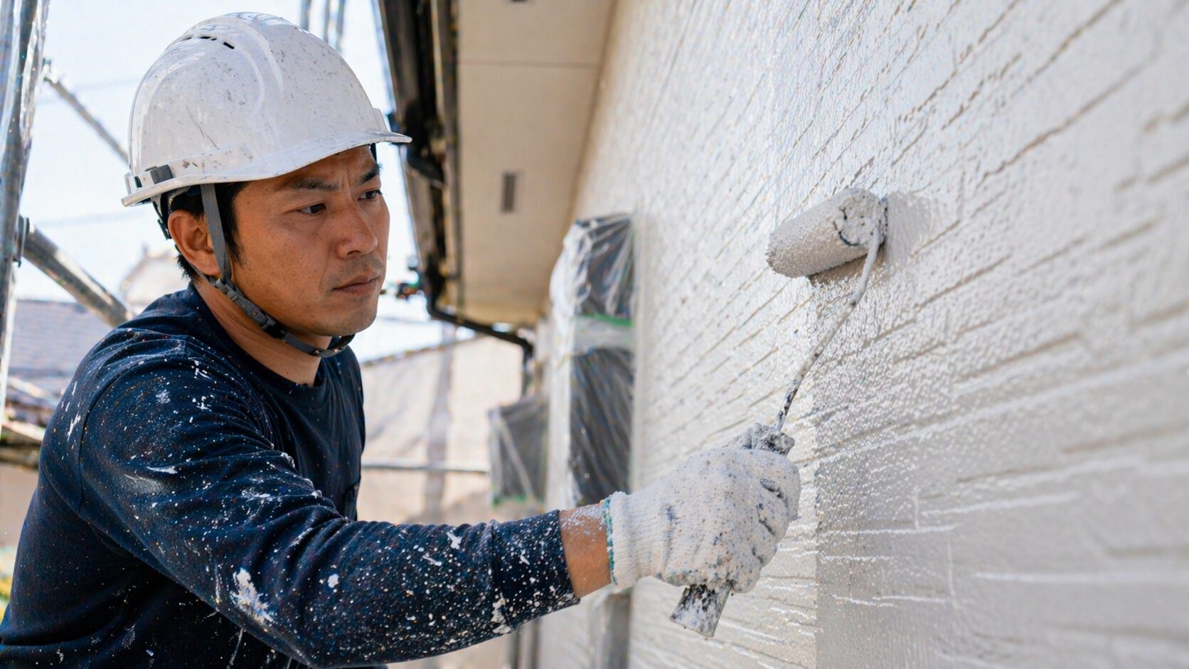 外壁塗装工事を行う熟練の塗装職人