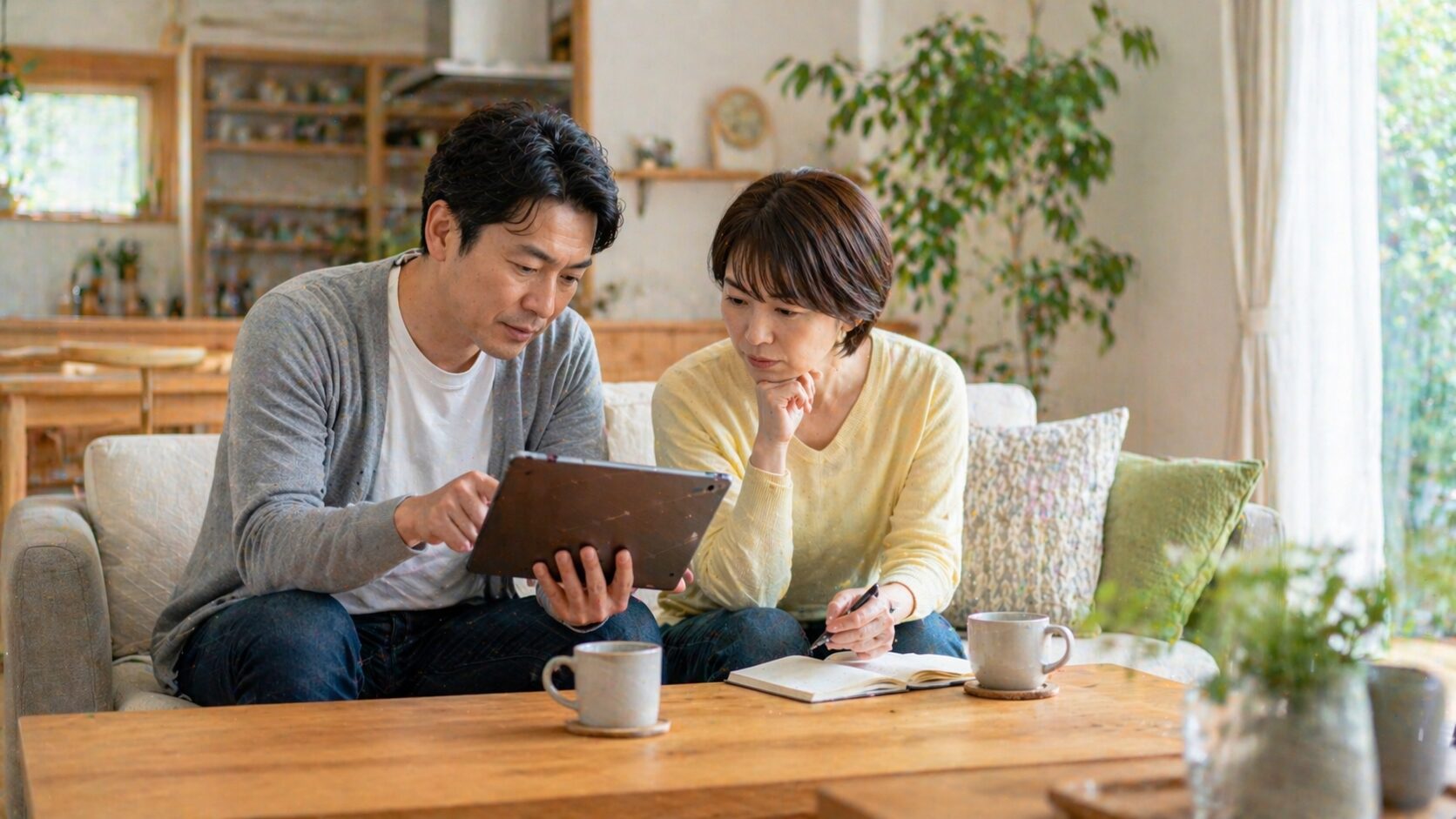 タブレットで外壁塗装の見積もりを確認する夫婦