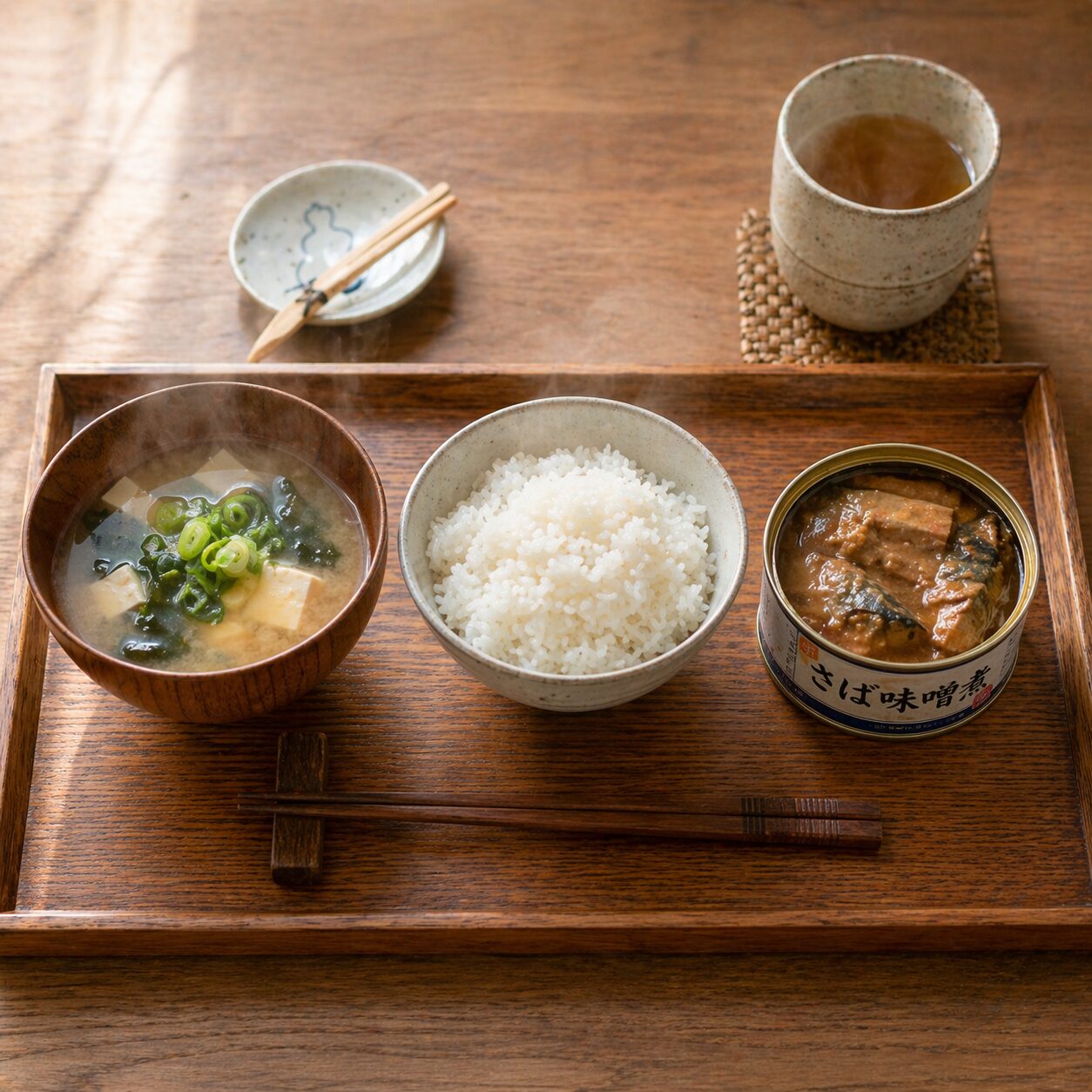 フリーズドライ味噌汁＋パックご飯＋缶詰