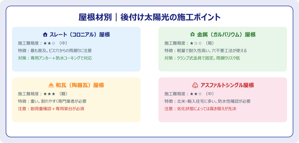 屋根材別の後付け太陽光施工ポイント比較図