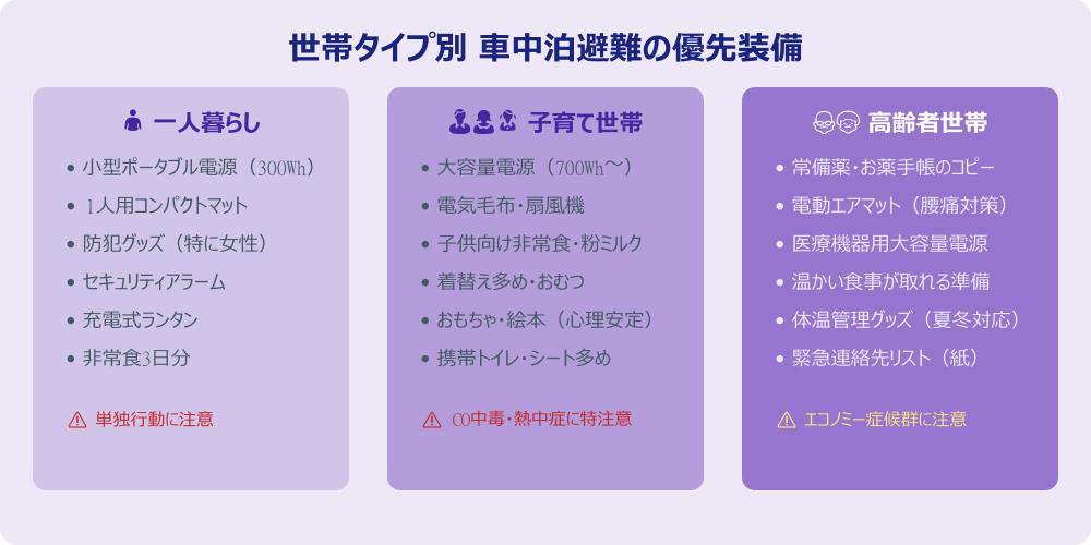 世帯タイプ別 車中泊避難の優先装備リスト